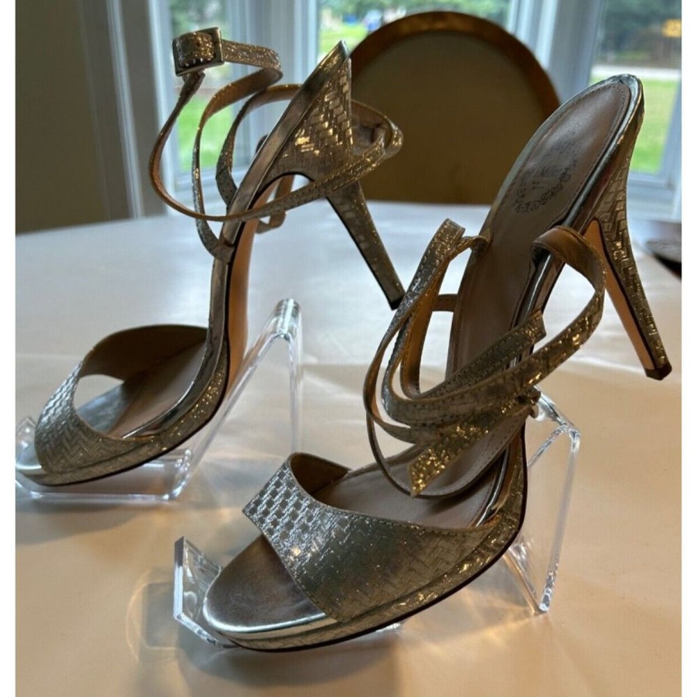 Women's I Miller Size 10M Silver Strappy Glittery Heels Adjustable Strap 4" Heel